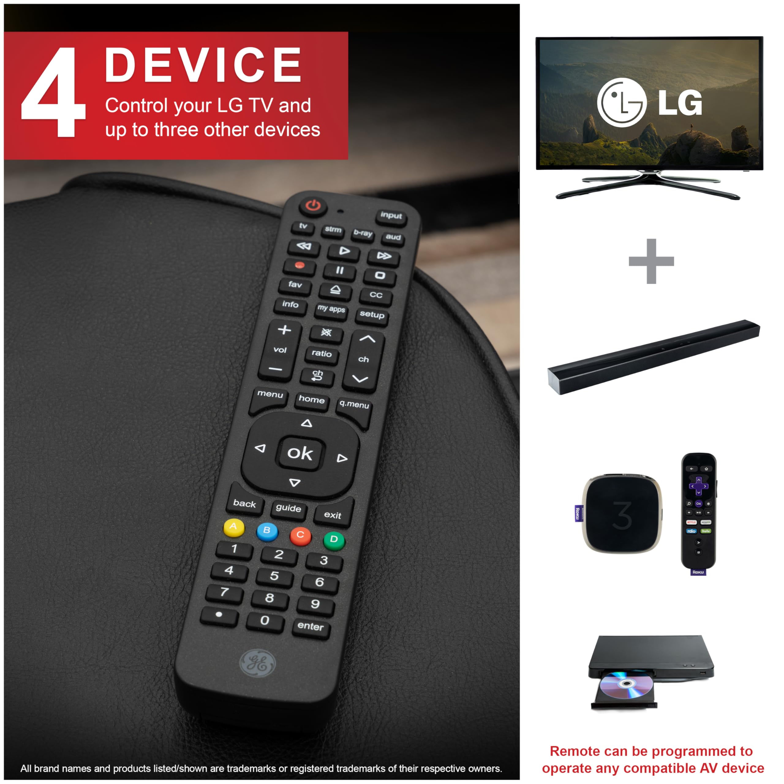 GE Telecomando di ricambio per LG a 4 dispositivi, compatibile con Smart TV LED, LCD, HD, UHD, 4K, HDR, con funzione di telecomando universale per lettori streaming, soundbar, Blu-ray, DVD e altro,