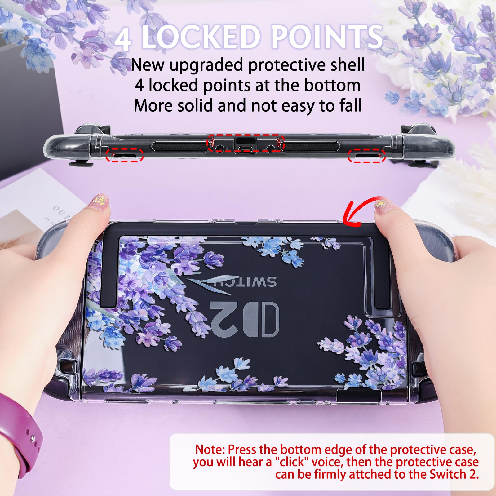 DLseego Protective Case Flower Floral Clear Switch 2 (2025), Detachable Joy-Handle Protective Case 2-Piece Split Full Wrap PC Hard Shell Anti-Scratch All-Round Protection Cover, Lavender, Purple - 5