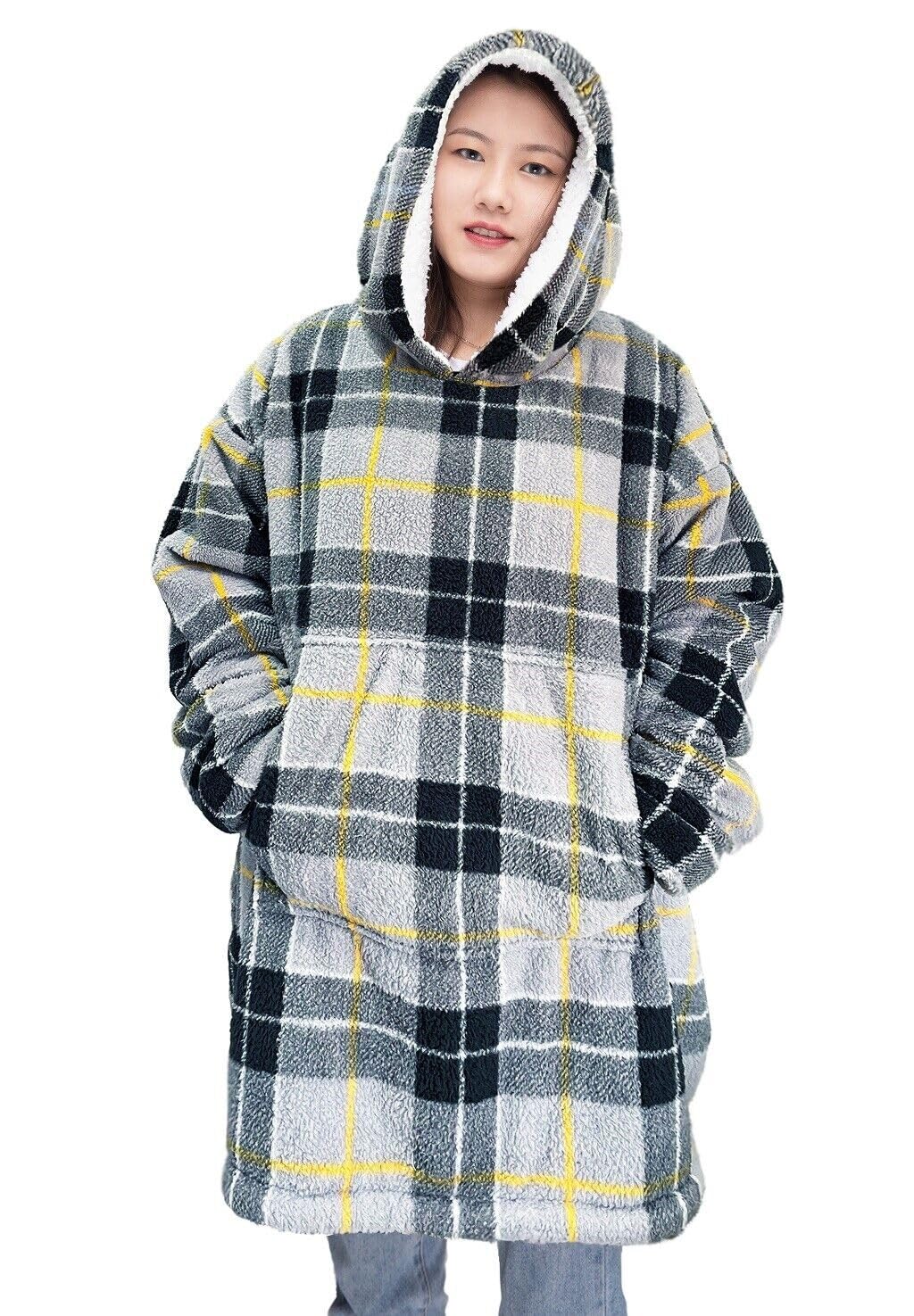 Oversized Wearable Blanket Hoodie, Teddy Fleece Fluffy Sherpa, Printed Hooded Sweatshirt Blanket Pullover, Giant Hooded (Tartan Grey)
