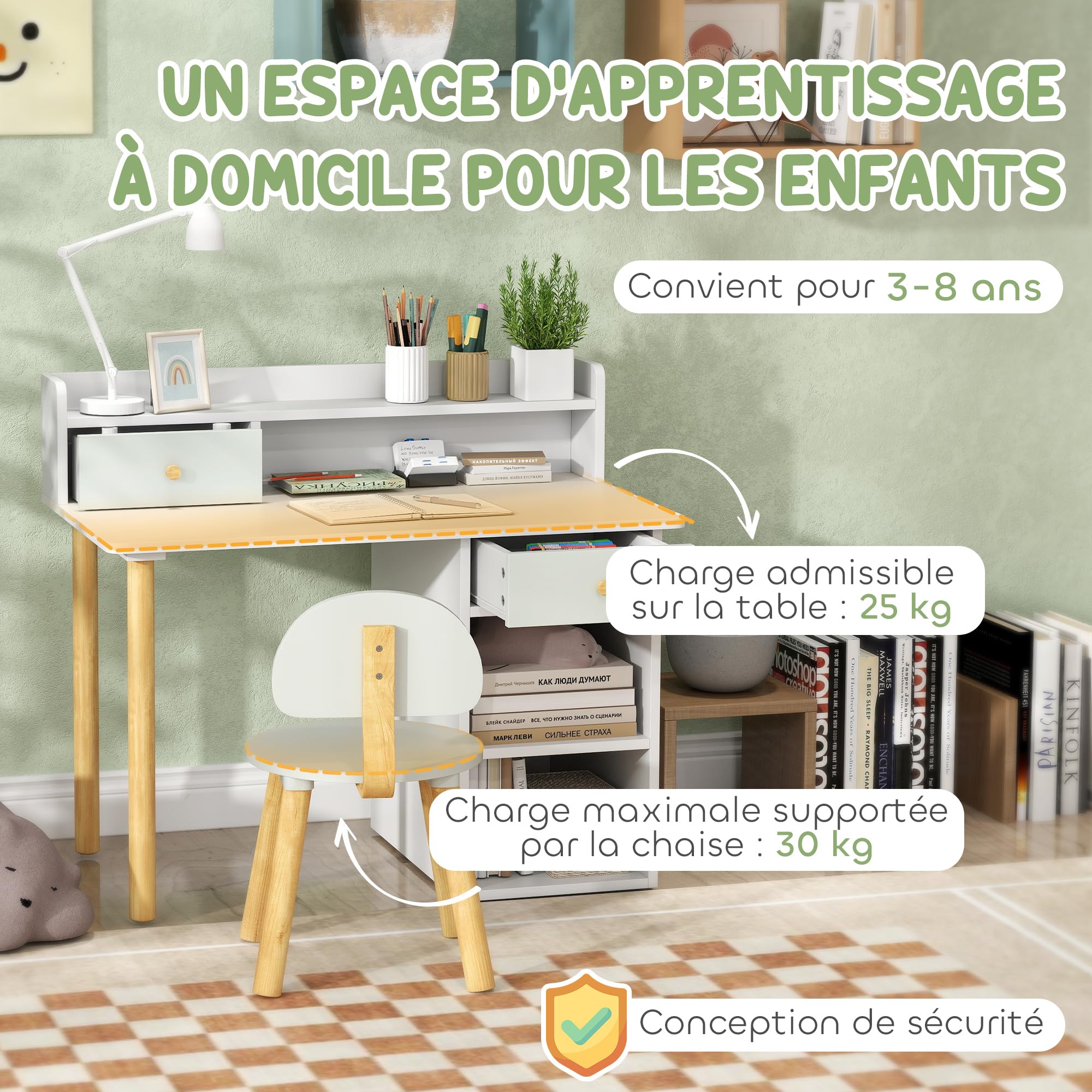 AIYAPLAY Bureau Enfant avec Chaise, Table et Chaise avec 2 Tiroirs, Large Plateau et Étagères Ouvertes, Table pour Étude, Travail et Écriture, pour Garçons et Filles de 3 à 8 Ans, 85x48x73cm, Vert