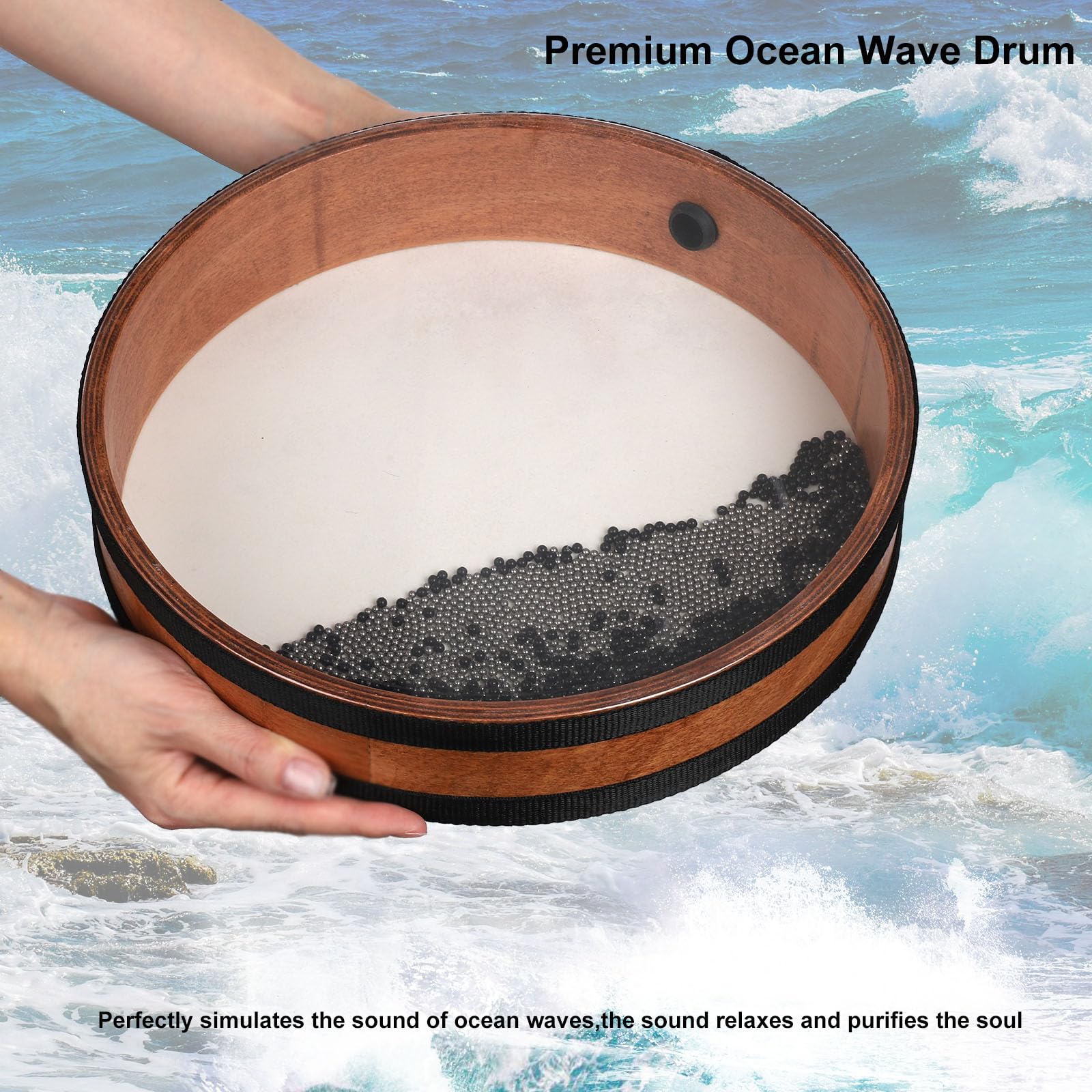 BGMUSER Ocean Drum 12 inch with Goatskin Drumhead,Steel&Plastic Wave Bead,Bag, Sound Healing Instrument for Yoga Meditation Relaxation