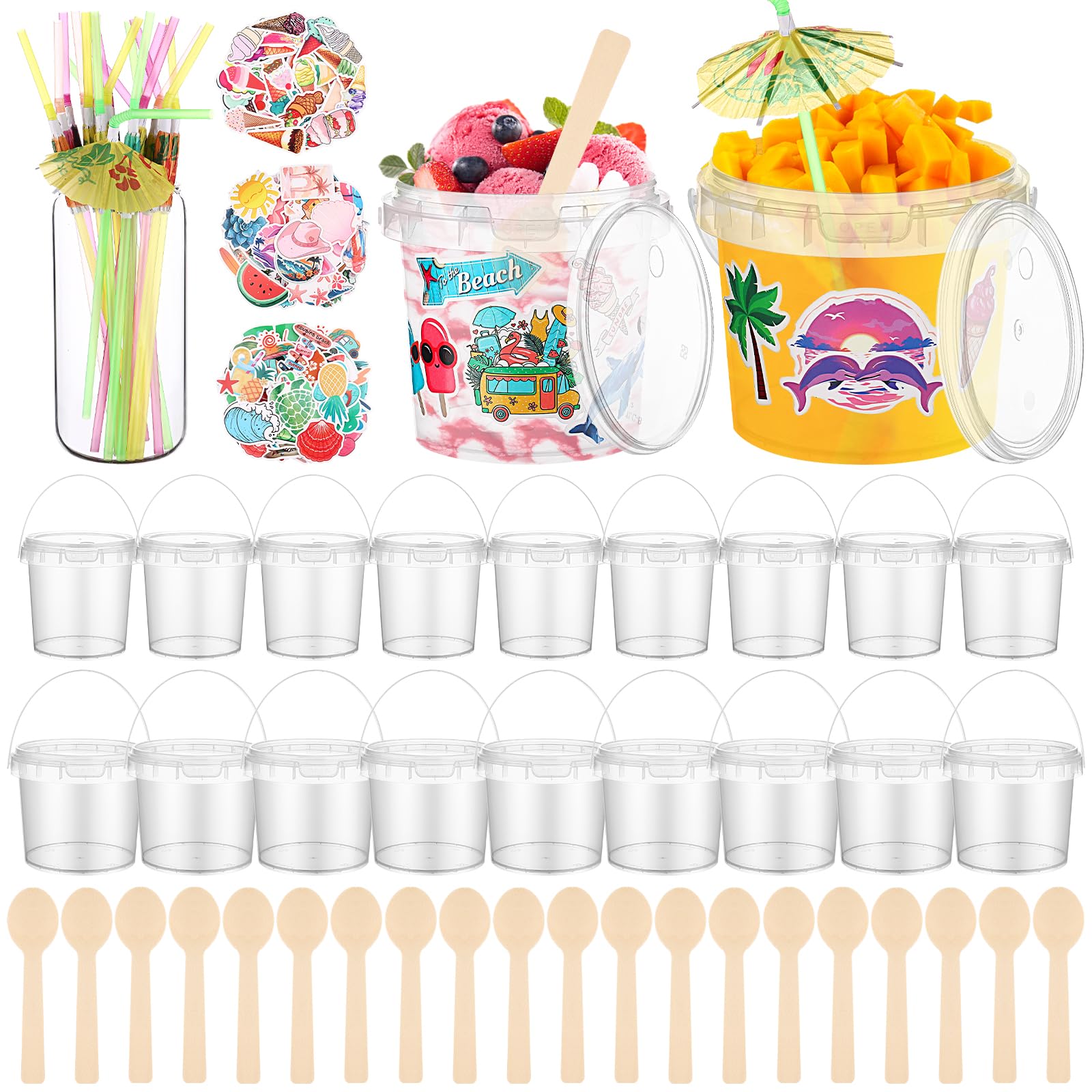 Paquete de 20 cubos de helado con tapas asas y cuchara, cubo de plástico reutilizable para bebidas, cubetas de ron de cóctel transparentes para fiestas (8.5 fl oz/1 litro) con calcomanías de verano