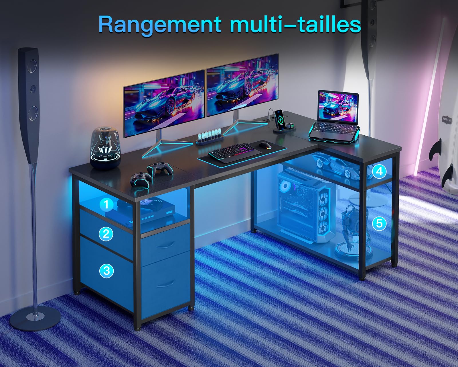 Coleshome Bureau d’Angle avec Tiroirs en Tissu, 140×80 cm Bureau Gaming Réversible avec Prises et Ports USB, Table en L avec Étagère Réglable pour Télétravail, Jeux et Études, Noir