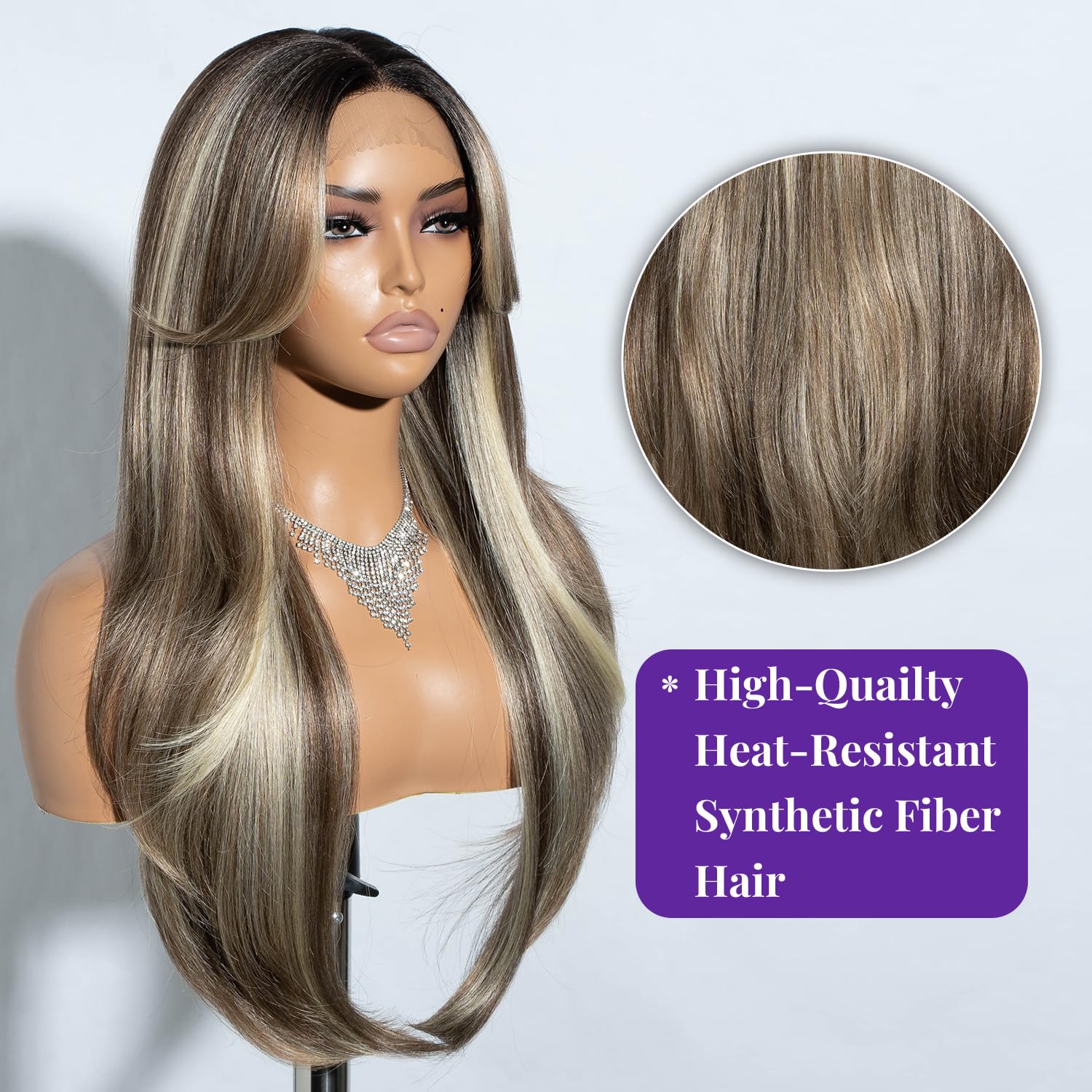 Joedir Long Layered Wig With Curtain Bangs Deep Part Lace Front Wigs for Women 26 Inch Middle Part Highlights Wig Heat Resistant Synthetic Wigs for Daily Party Use - Image 2