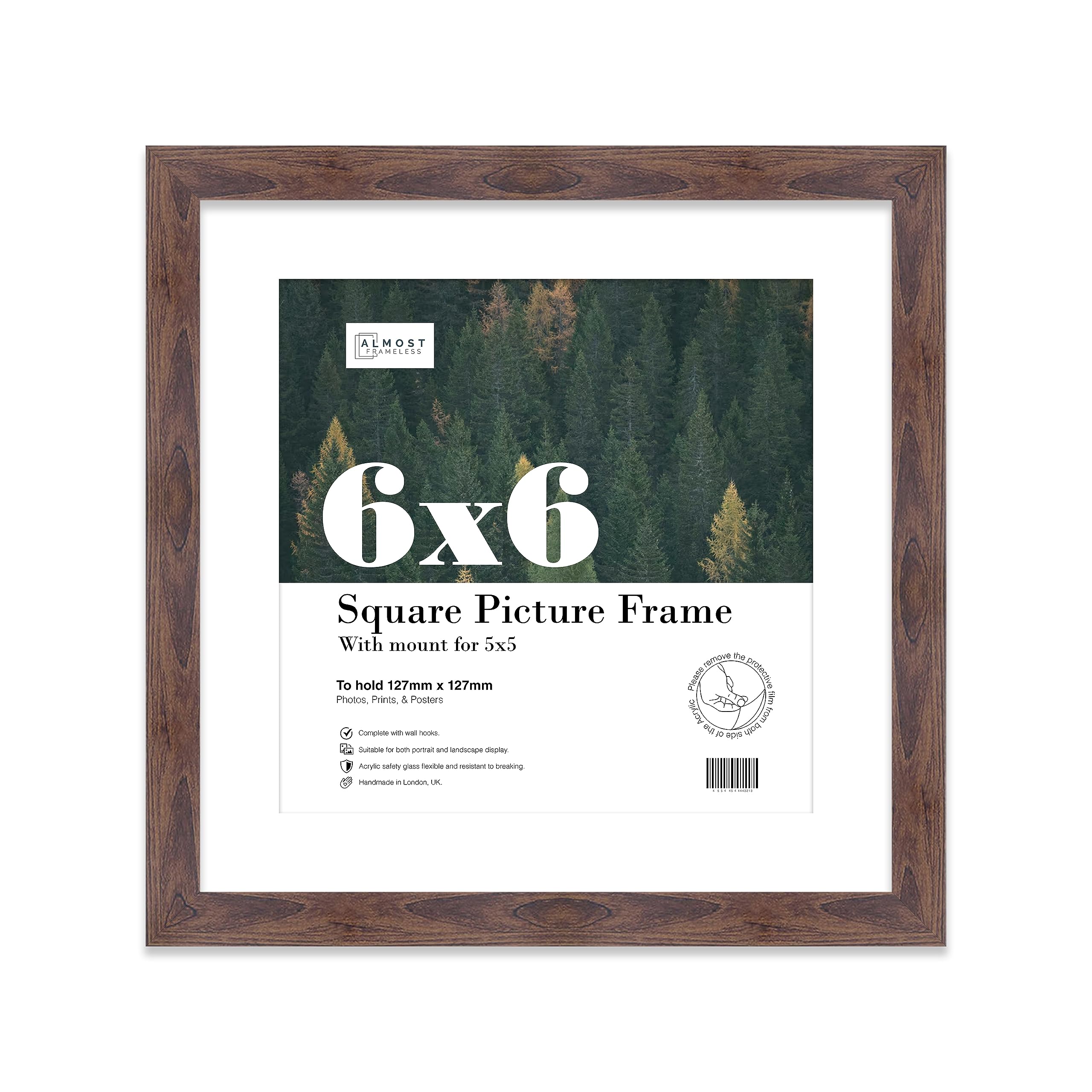 Almost Frameless 6x6 Picture Frame, Display Pictures 5x5 With Mat or 6x6 Without Mat, Wall Hanging & Free Standing Photo Frame, Walnut, 1 Pack