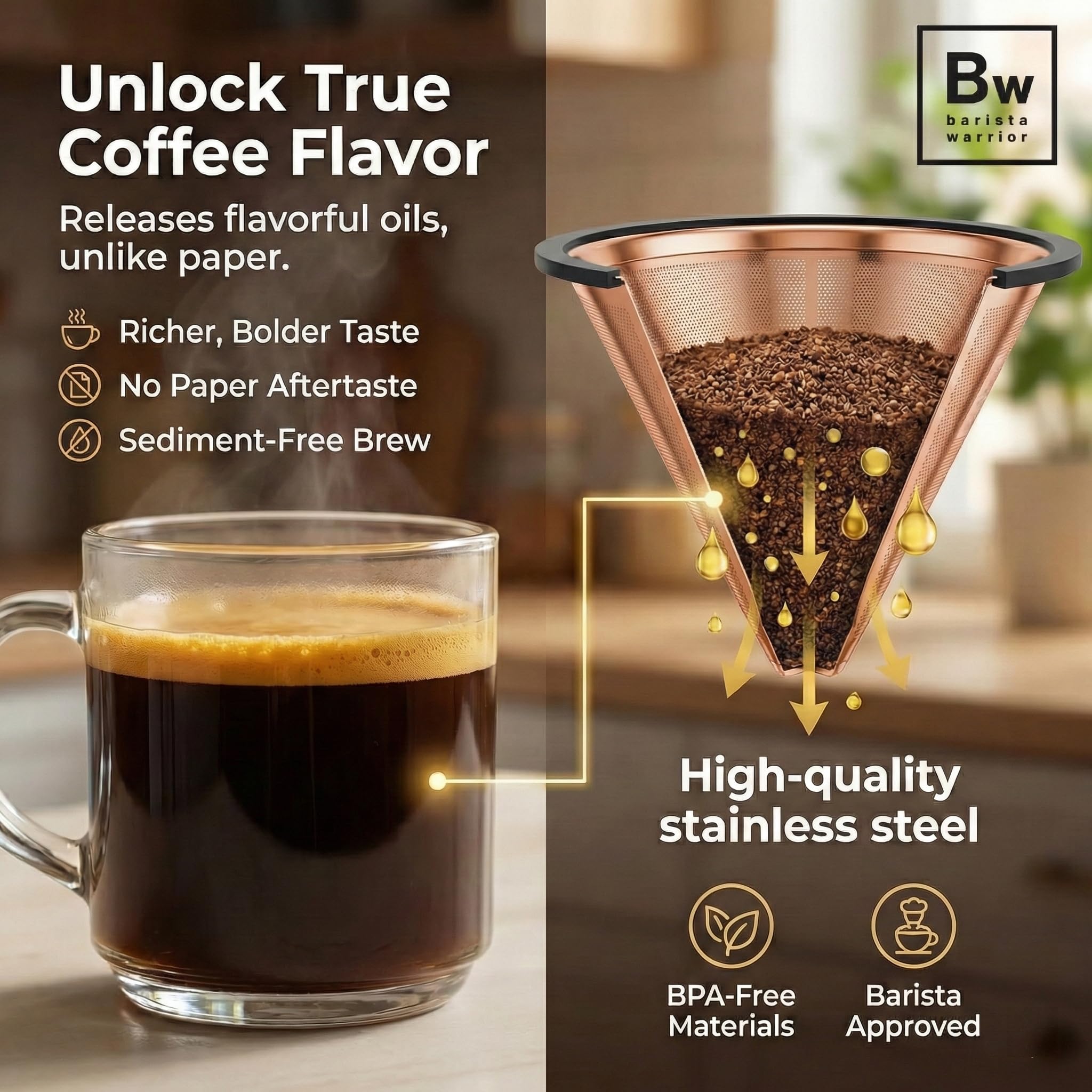 Barista Warrior Wiederverwendbarer Kaffeefilter – Edelstahl zum Übergießen, kompatibel mit Chemex, Hario V60 und Tropfern, leicht zu reinigen, aromatischer Kaffeefilter, feinmaschig, Kupfer