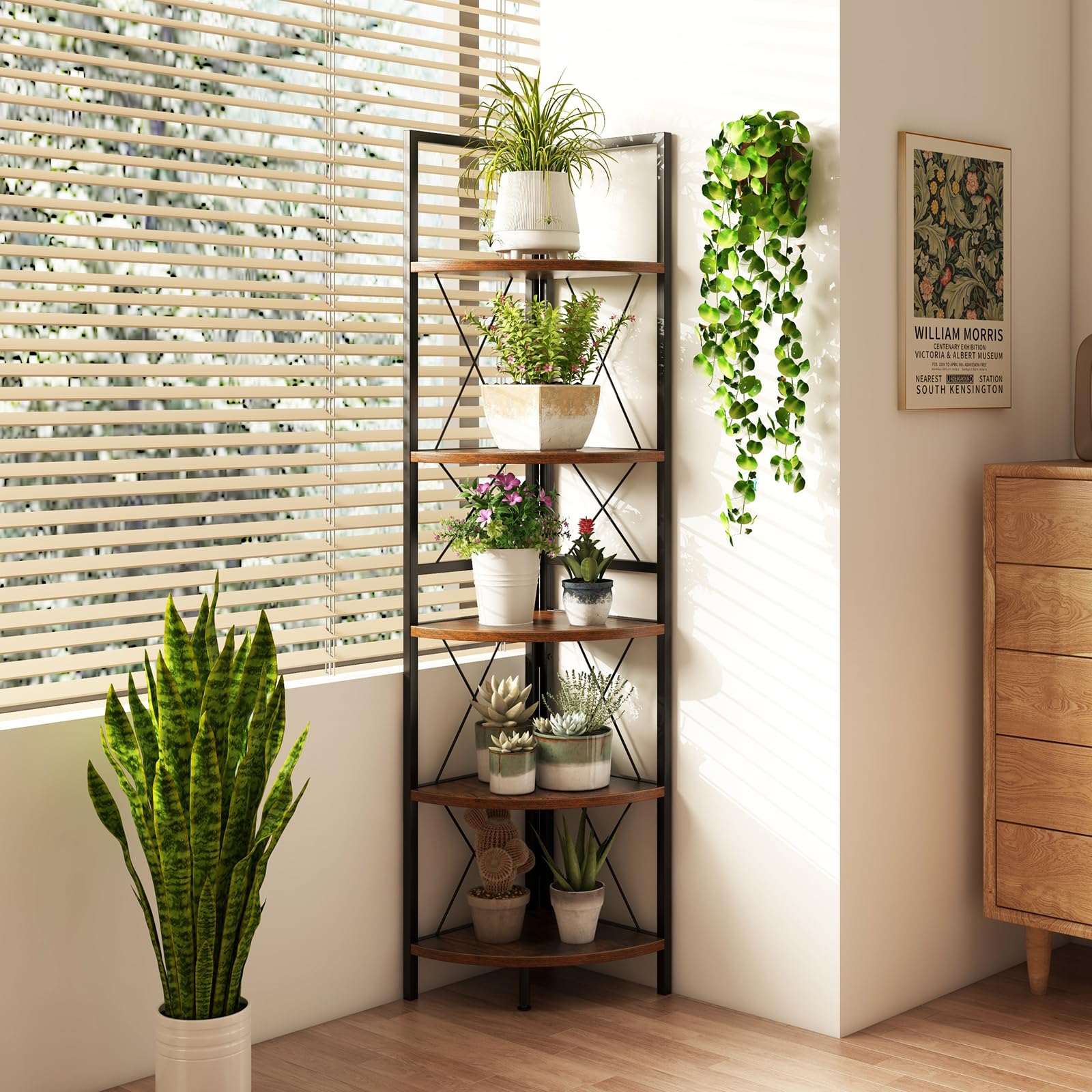 Giantex Estantería Esquinera de 5 Niveles, Librería de Madera y Metal, 35,5 x 35,5 x 159,5 cm, Estantería de Almacenamiento de Esquina para Salón, Dormitorio, Estudio (Marrón Rústico)