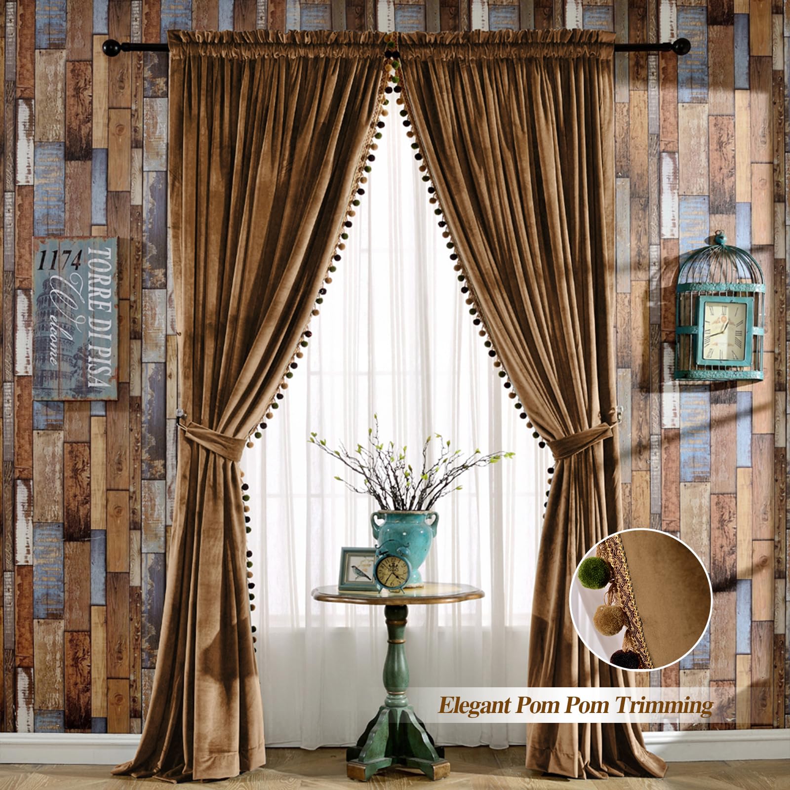 Melodieux Pom Poms Samt-Verdunkelungsvorhänge für Wohnzimmer, Schlafzimmer, Vintage-Stil, luxuriös, energiesparend, Stangentasche, wärmeisoliert, gefütterte Vorhänge, 132 x 244 cm (B x L), Goldbraun
