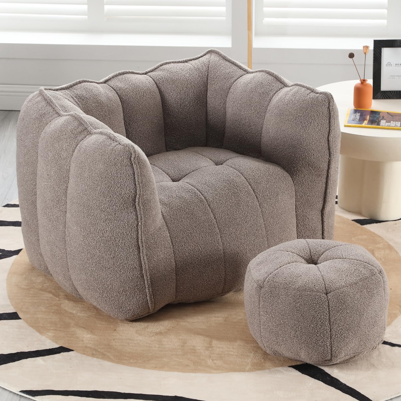 Sudwesto Bean Bag Chair, Teddy Upholstered Bean Bag Sofa with Round Ottoman, Stuffed Bean Bag Couch with Petal Backrest, Comfy Lazy Sofa with Thick Cushion for Living Room (Brown)