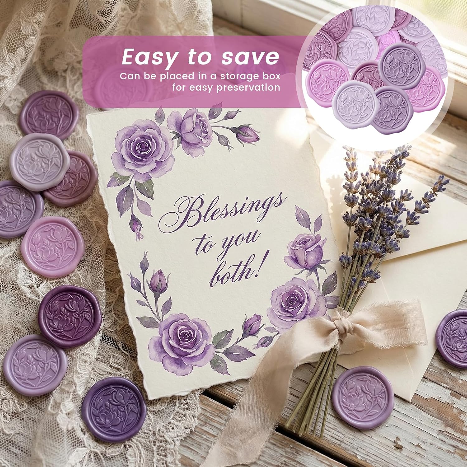 60 Pcs Wax Seal Stickers Magnolia Envelope Seals Wedding Botanical Wax Stickers for Wedding Engagement Baby Shower Party Favor Invitations Scrapbooking Mother's Day Gift Wrap(Purple Series)