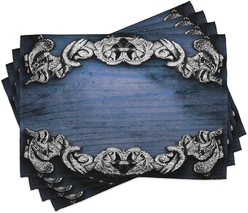 Ambesonne Victorian Place Mats - Juego de 4 manteles individuales de tela lavable para mesa de comedor, tamaño estándar, color azul plateado