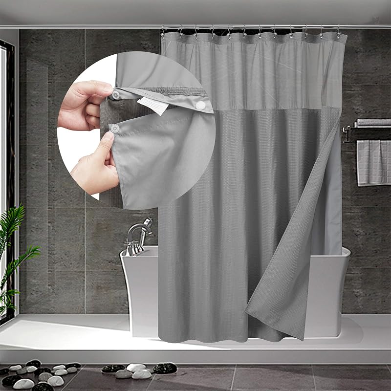 N&Y HOME Juego de cortina de ducha de tejido tipo gofre con forro a presión, gris, 71 x 72 | 12 ganchos de metal incluidos, forro de tela a presión, ventana de malla, lavable, juego de cortina de ducha gris estilo hotel para baño