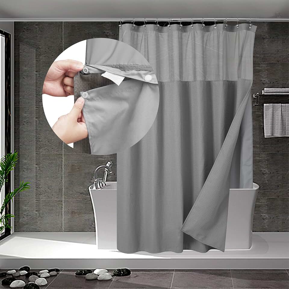 N&Y HOME Waffle Weave Shower Curtain with Snap-in Fabric Liner Set, 12 Hooks Included - Grey Shower Curtain Hotel Style, Water-Rep