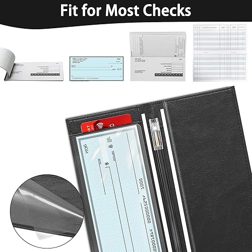 Miniatura 6 de LLi Cufite Funda de cuero para chequera superior y lateral, cheques duplicados con inserto de plástico, soporte para bolígrafo, billetera delgada,