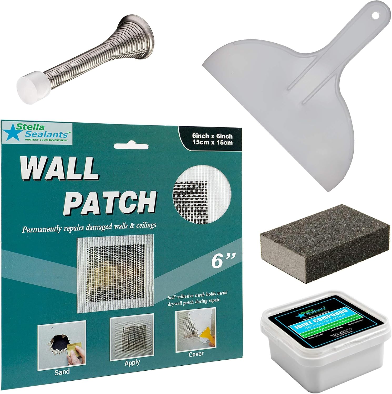 Stella Drywall Repair Patch Kit 6"x6" with Self-Adhesive Metal Patch, Joint Compound, Putty Knife, Sanding Pad and Door Stopper