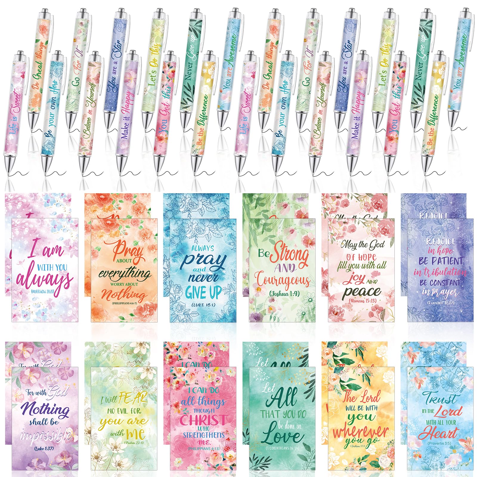 MALOKI 48 Pcs Floral Flower Pens with Notepads Set Pretty Fancy Ballpoint Pens Lined Notebook Small Notepad Memo Pads Set Gifts for Womens Mother's