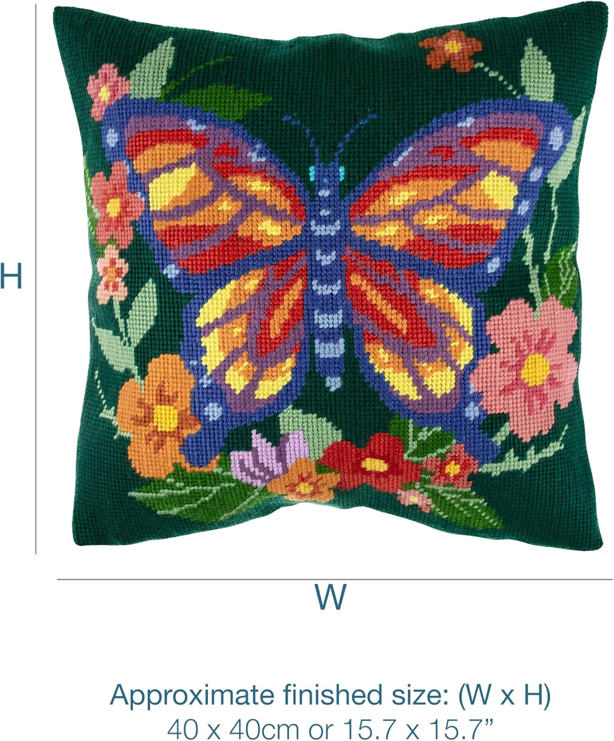 Trimits Half Stitch Cross Stitch Cushion Kit, Cushion Back Included, Pre Printed Canvas, Yarn and Needle Included 40 x 40cm (15.75 x 15.75in), Flutterby