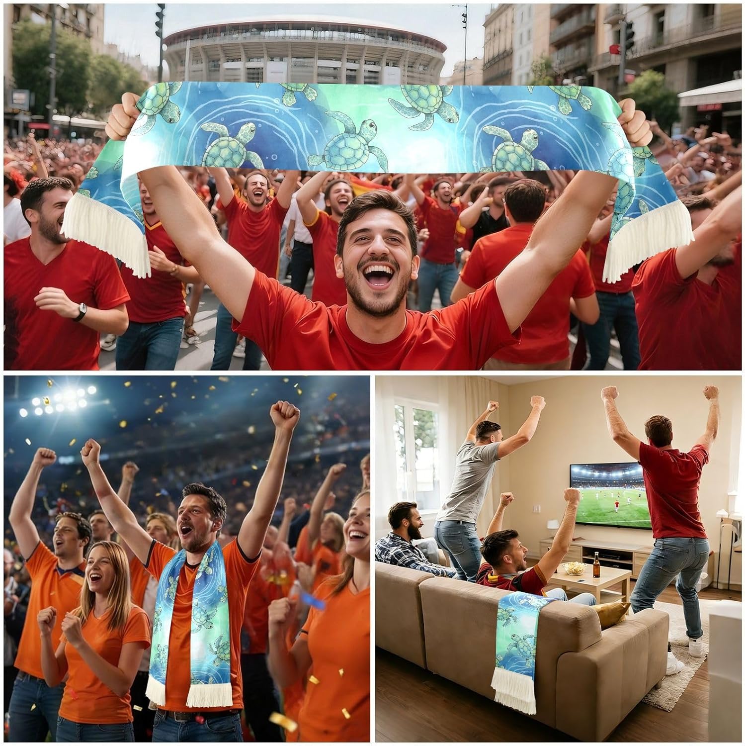 CHIFIGNO Watercolor Sea Turtles Sports Fan Scarf with Fringe, Soft Absorbent Polyester Soccer Scarf for Cheering, Quick Dry Sweat Towel Wrap