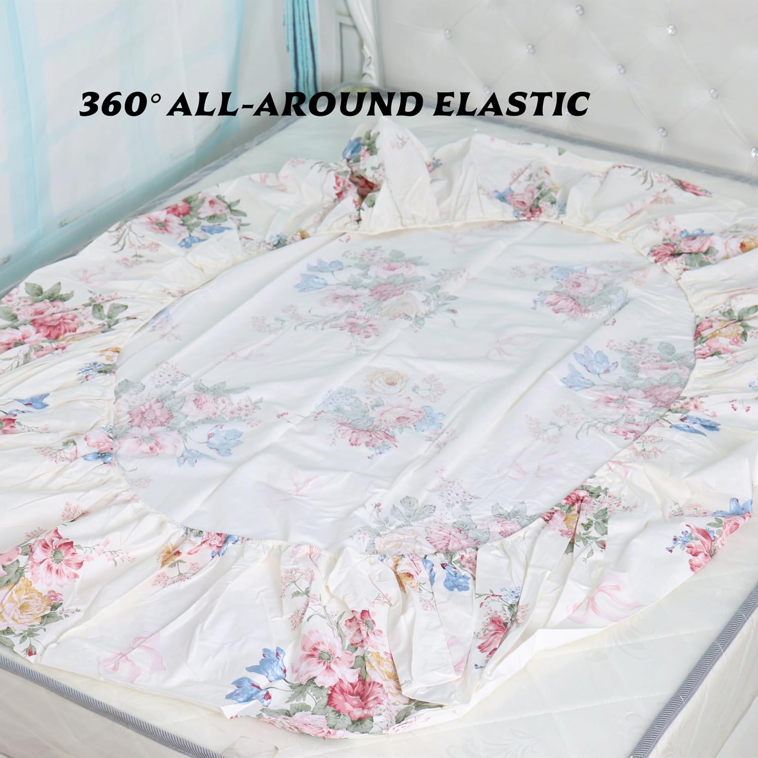 Cotton Fitted Bottom Sheet King Size Floral Printed Ultra-Soft Fitted Sheet Only Machine Wash Deep Pocket with Elastic All Around image 3