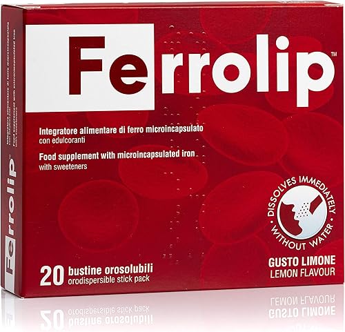 Ferrolip - Suplemento de hierro para disolver en la boca sin agua (20 sobres de dosis única x 0.06 oz) Sabor limón  Sin efectos secundarios