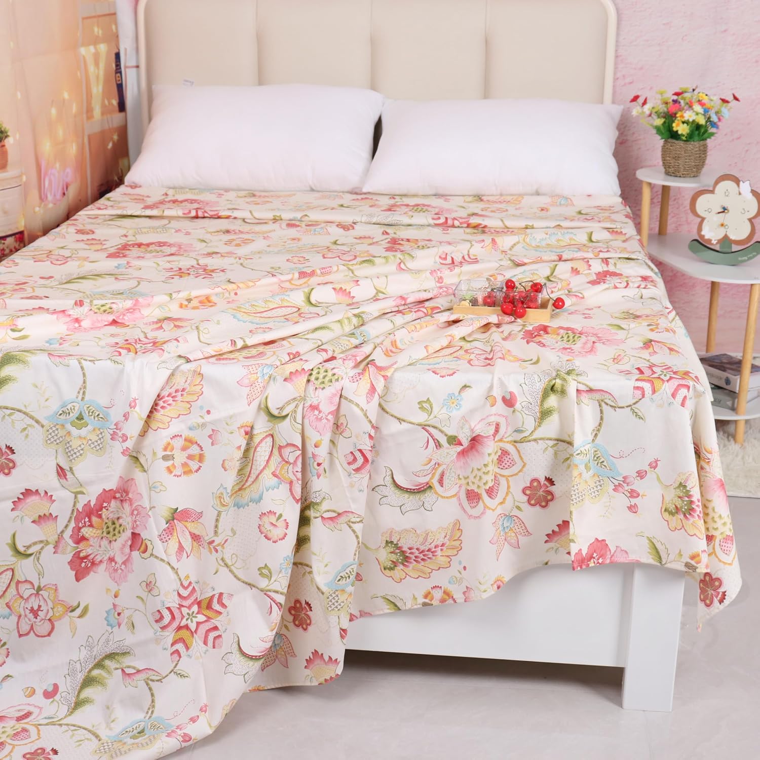 Cotton Flat Sheet Top Sheet Only King Size Red Floral Printed Flat Bed Sheets Easy Care Protector Cover for Bed