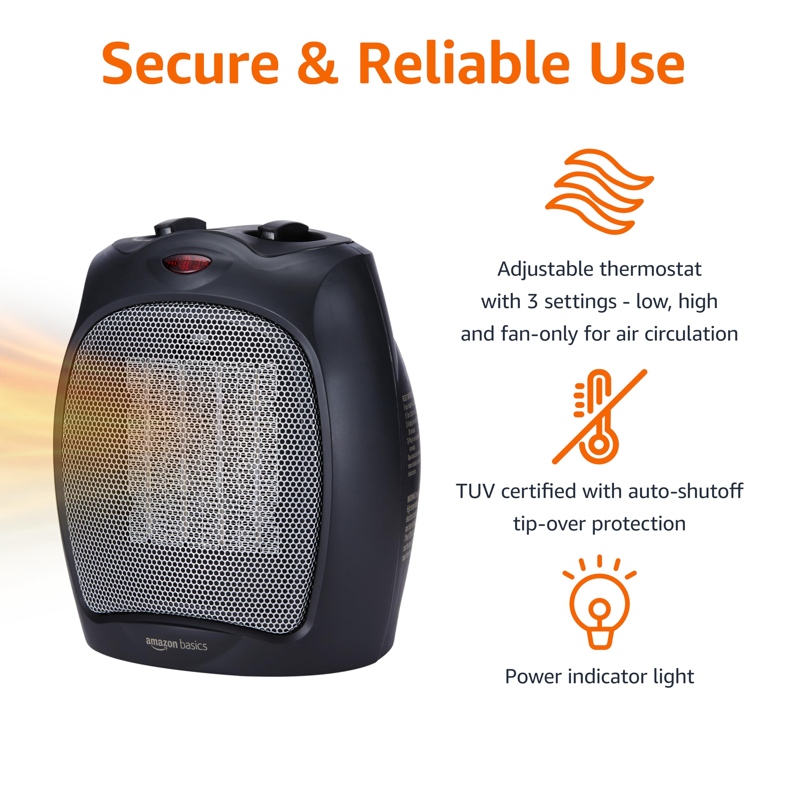 Amazon Basics – ceramiczny grzejnik stojący, 1500 W, z regulowanym termostatem, czarny