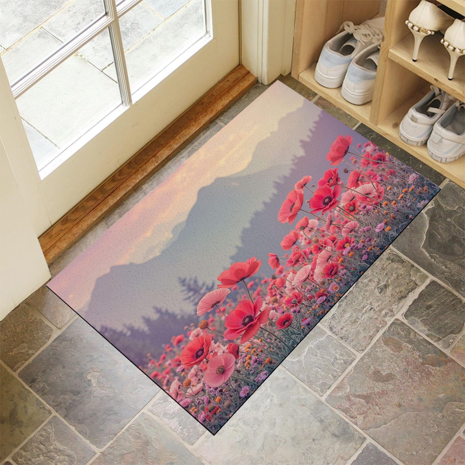 Tapis entree interieur lavable coquelicots pour embellir votre couloir et pas de porte