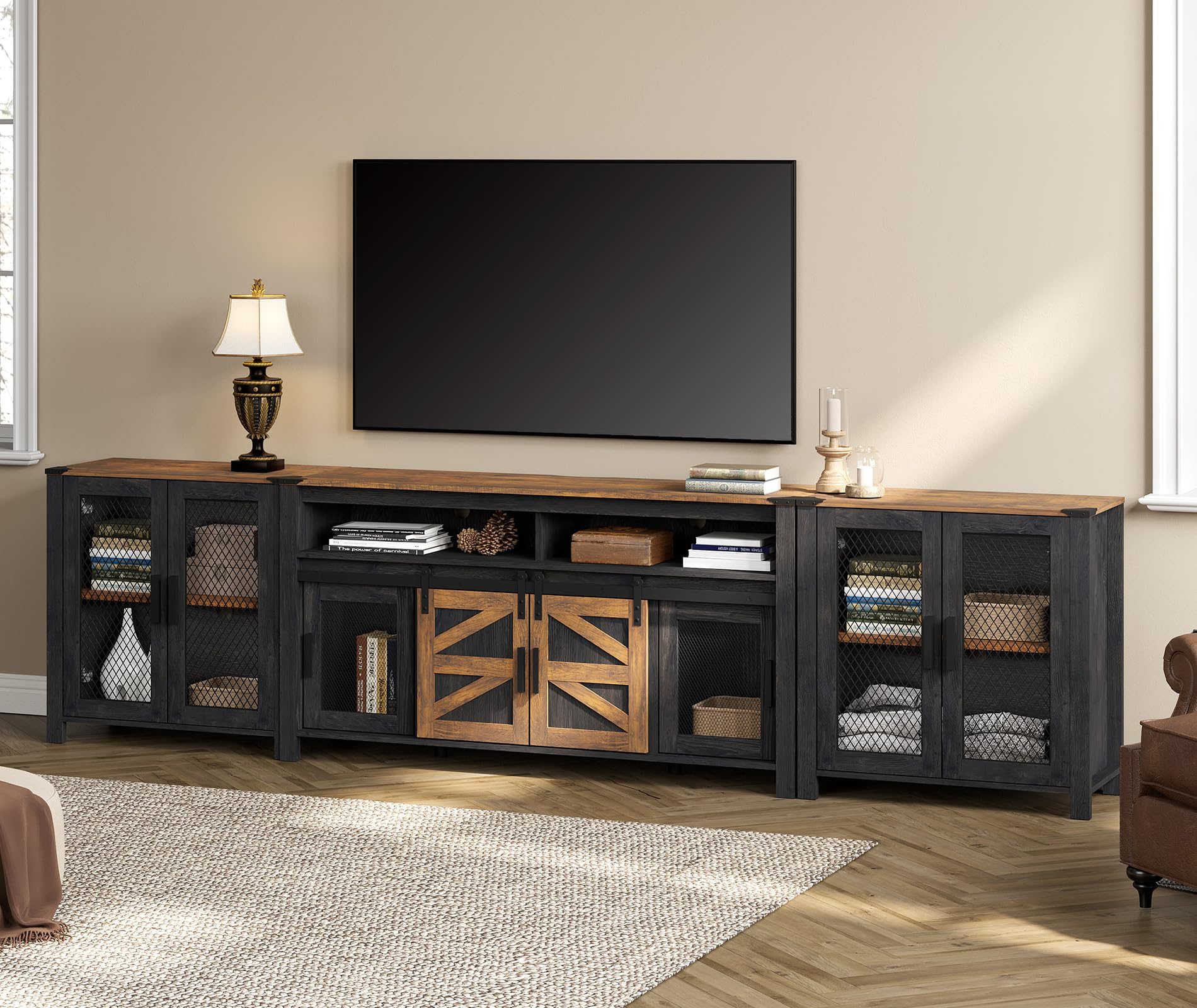 WAMPAT Living Room Set of TV Stand and Sideboard for 100 inch,Door Storage Cabinet with Mesh,Farmhouse Storage Units with Open and Adjustable Shelf,