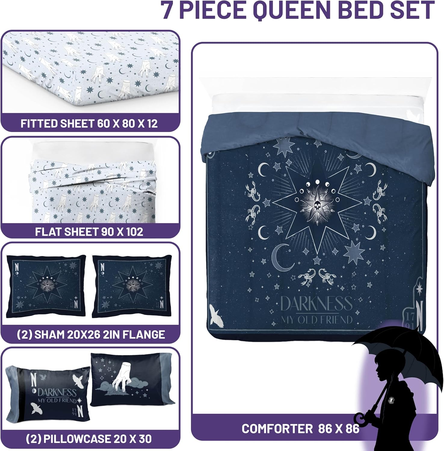 Jay Franco Wednesday Addams Queen Size Comforter Set - 7 Piece Bedding Includes Sheet Set & Pillow Covers - Blue Stars Super Soft Cozy Bedding