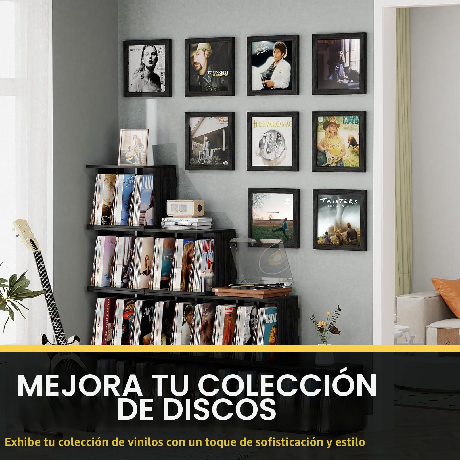 3 Piezas Caja Vinilos, Apertura Frontal de Pared, Soporte Vinilos, Madera Estilo Vintage Marco para Discos de Vinilo, para Exhibir Cubiertas de Discos de Vinilo LP de 12x12 Pulgadas (Negro)