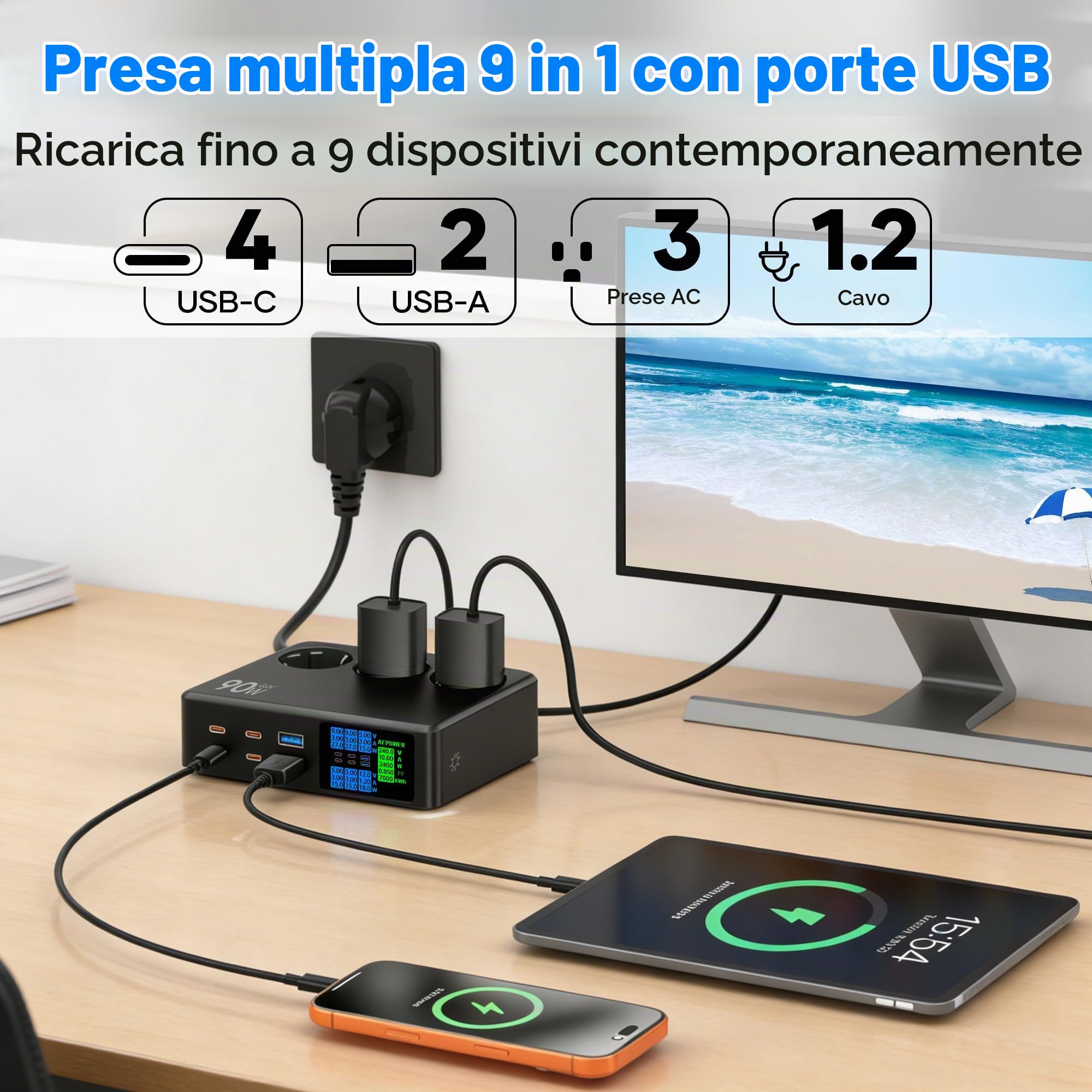 Ciabatta Multipresa con USB C 6 Porte (90W) con Schermo LED | Presa Multipla 2500W, Salvaspazio Ciabatta Elettrica Multipresa con Stazione Ricarica Multiplo Prolunga Elettrica 1.2M, Nero