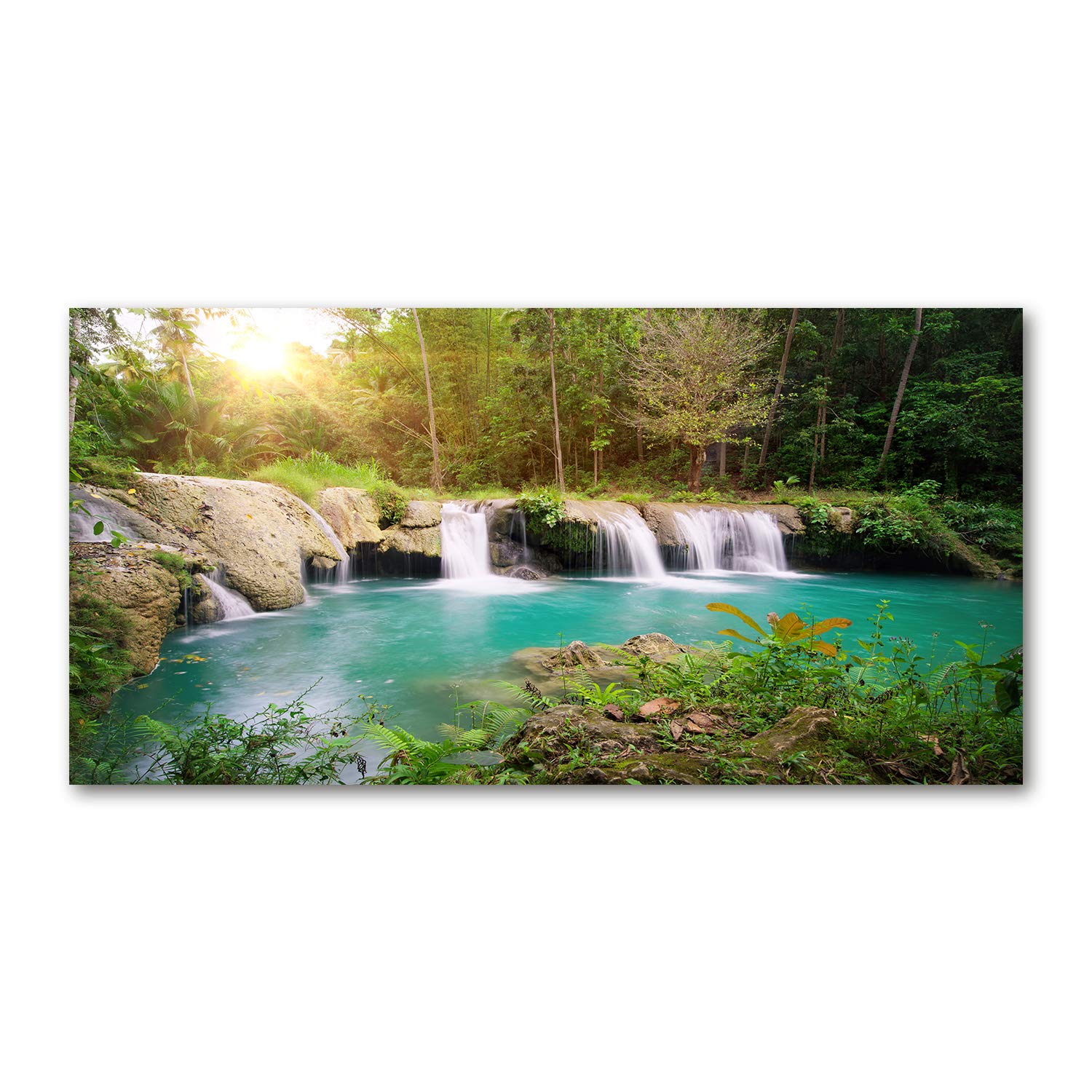 Tulup Green Glass Picture Wall Art - 100X50cm - Tempered Glass Decoration - Print For Living Room Bedroom - Toughened Glass Image - Glass Picture Wall Art - Waterfall In The Forest