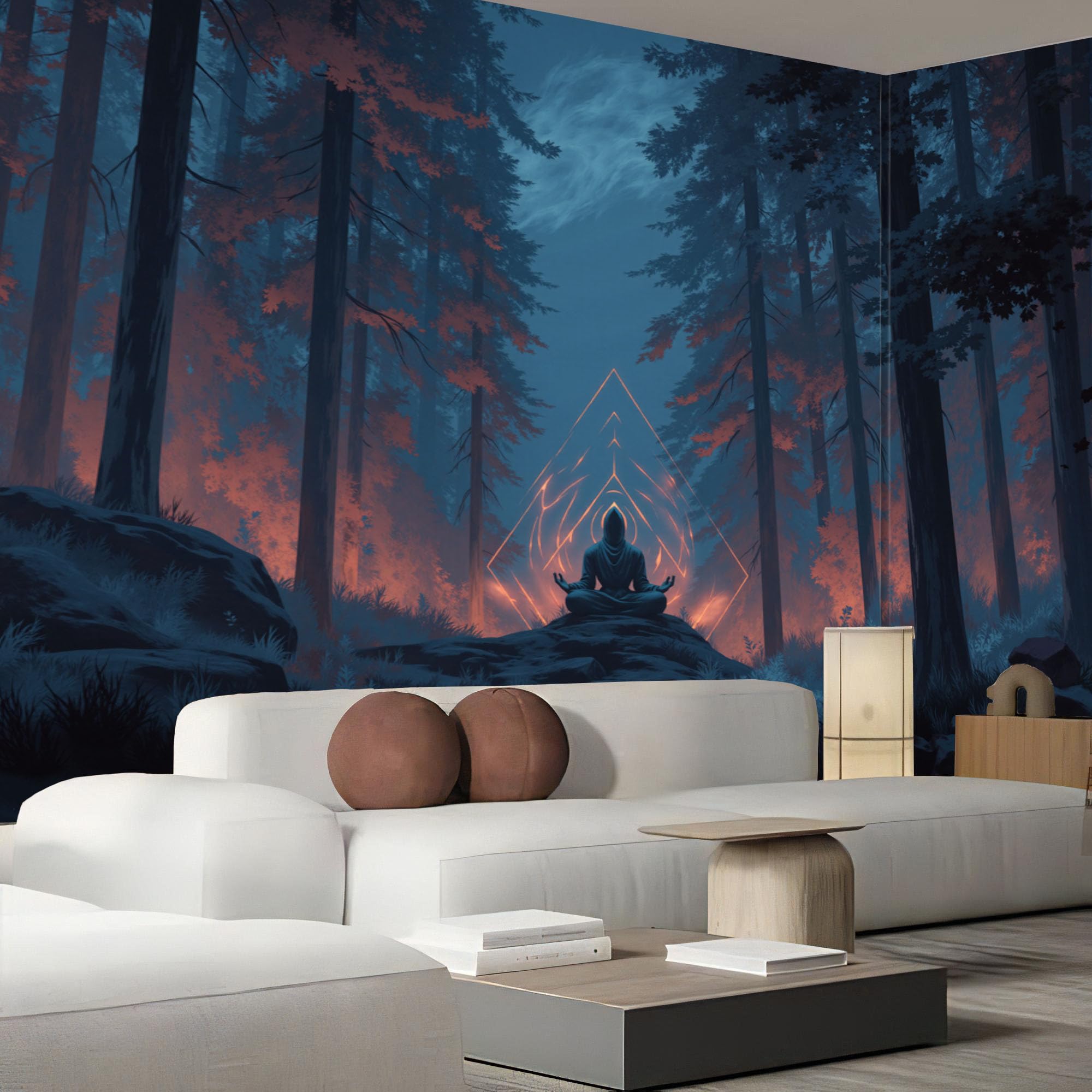 Carta da parati fotografica Meditazione Notturna Tra Le Rocce 350× 256 cm Fotomurali moderna,Decorazione per Misteriosa Foresta Per La Meditazione,Design Carta in tessuto di seta,blu-arancione