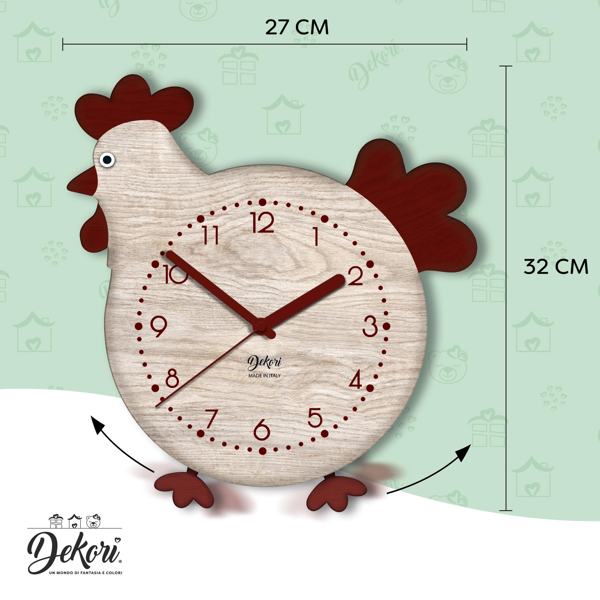 DEKORI Orologio da Parete con Pendolo – Design Gallinella in Legno, Silenzioso e Artigianale, per Cucina Rustica o Casa, 27x32 cm
