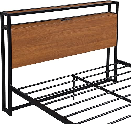 Miniatura 6 de Merax Cama moderna de plataforma de metal con enchufes y puertos USB, marco de cama de madera con soporte de listones de acero fuerte, fácil