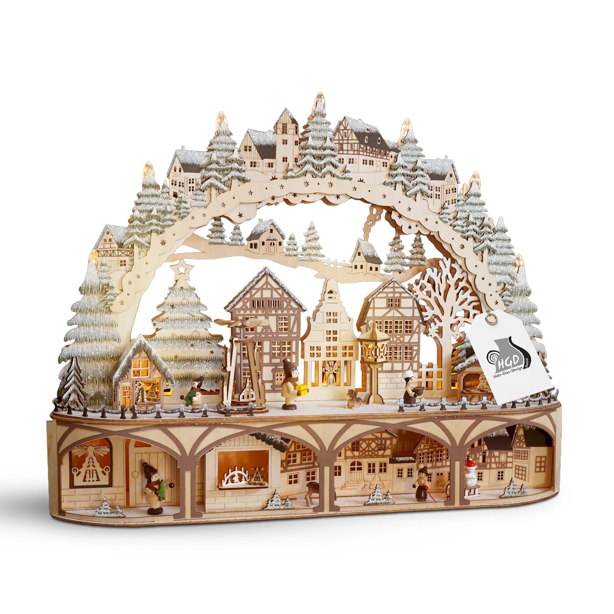 Saico HGD - LED Lichterbogen „Weihnachtsmarkt“ aus Holz - Weihnachtsdeko mit Figuren, Häusern & Tannen - mit Timerfunktion, Festliche Fensterbeleuchtung - 60 x 48 x 12 cm