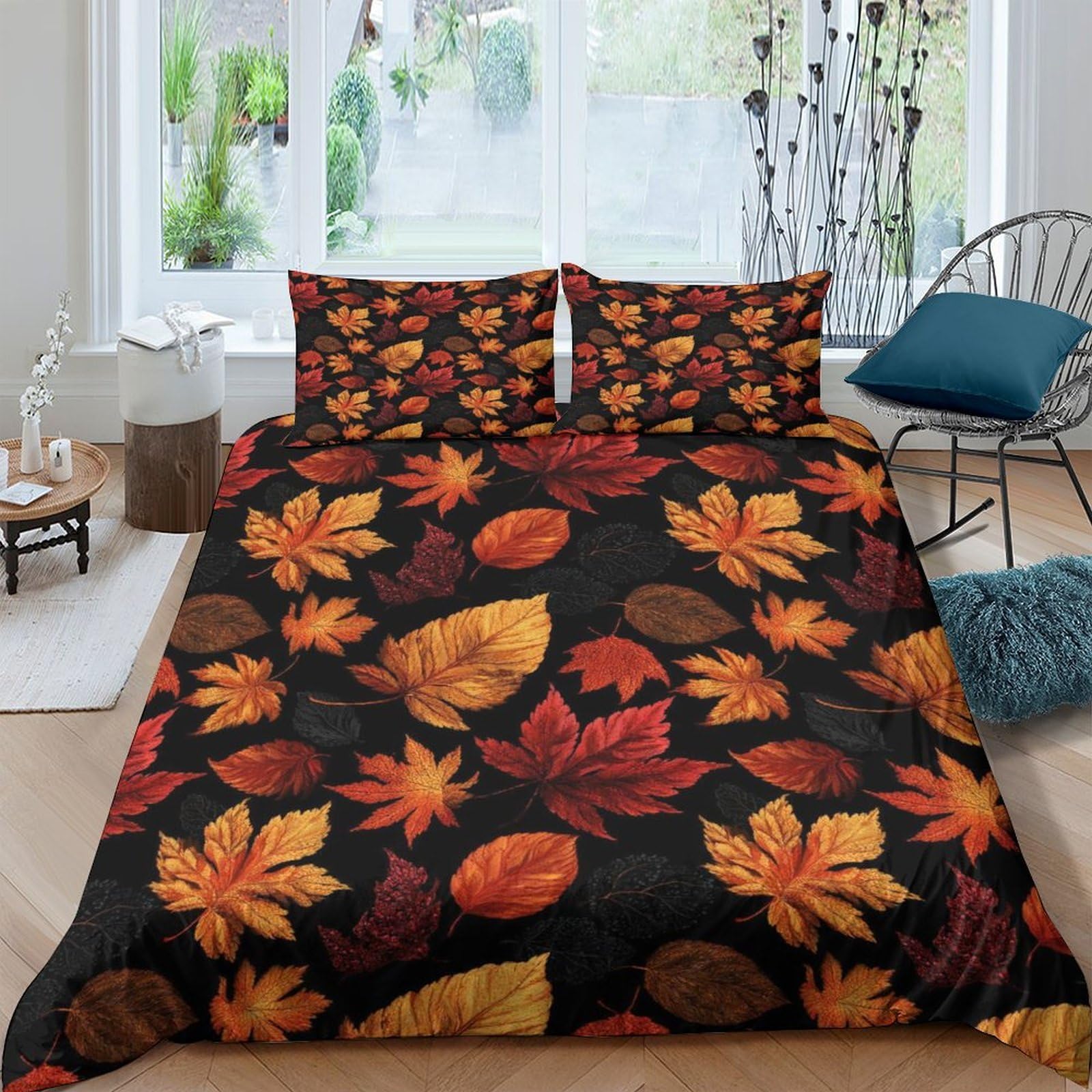 GPLZQXKJNH 3D Printed Autumn Leaves Duvet Cover Microfiber Soft Breathable Fall Foliage Bedding Set with 2 Pillowcases for Bedroom Decor Single（135x200cm）