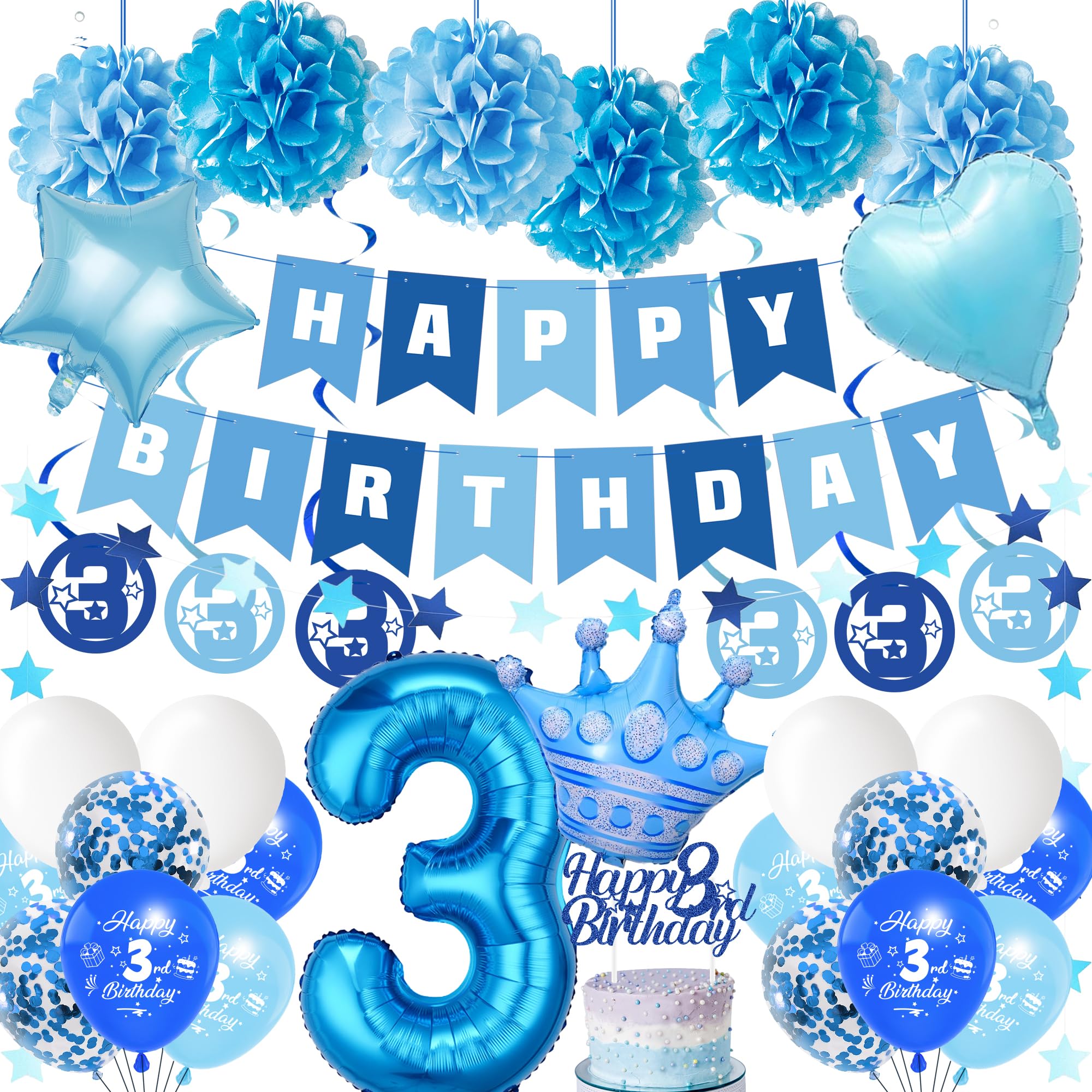 Geburtstag 3 Jahre Junge Luftballon - 35 StüCk Blau Happy Birthday Banner Riesen Folienballon Zahl Geburtstagsdeko Girlande Tortendeko Papier Pompons Deko FüR Jungen 3 Jahr Party Dekorationen