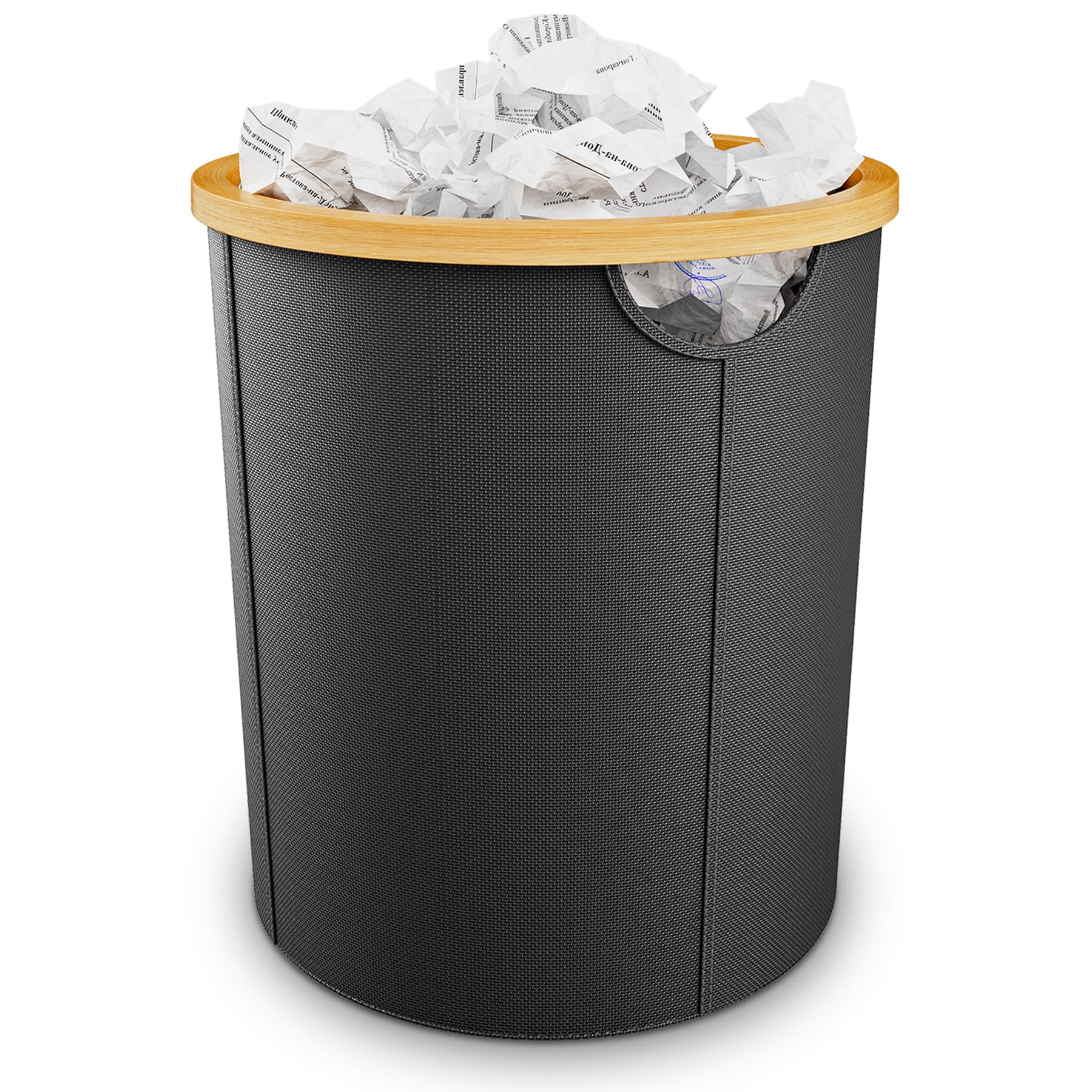 Vireon Papierkorb Büro aus Bambus-Mülleimer Büro aus Oxford-Stoff-Papiermülleimer Runder-Papiereimer Schwarz Abfalleimer-für Homeoffice/Arbeitszimmer/Schreibtischbereich