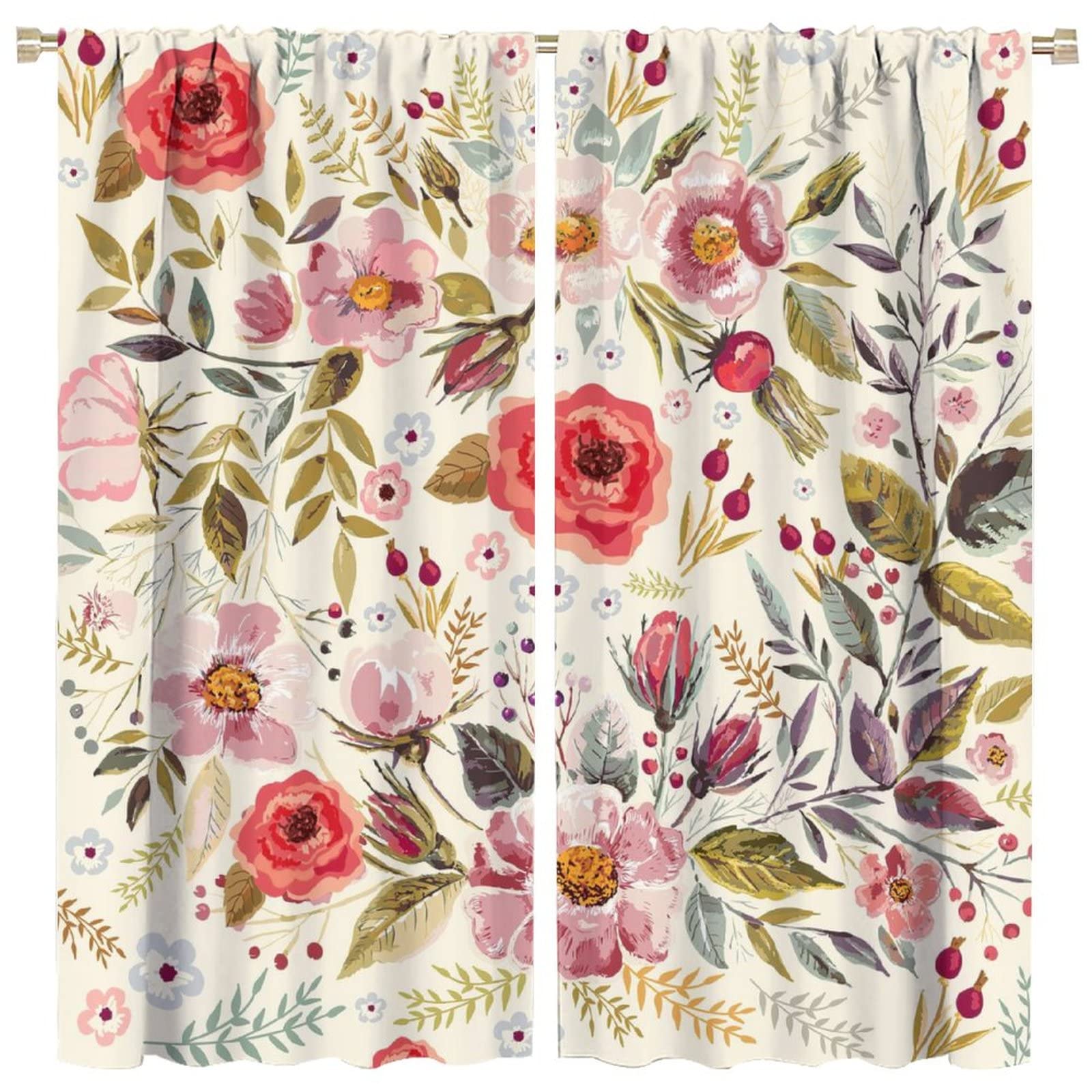 GoDazzling Floral Blackout Windows Curtains, Shabby Form Flowers Roses Petals Dots Leaves Buds Spring Season Theme Curtains, for Living Room Bedroom