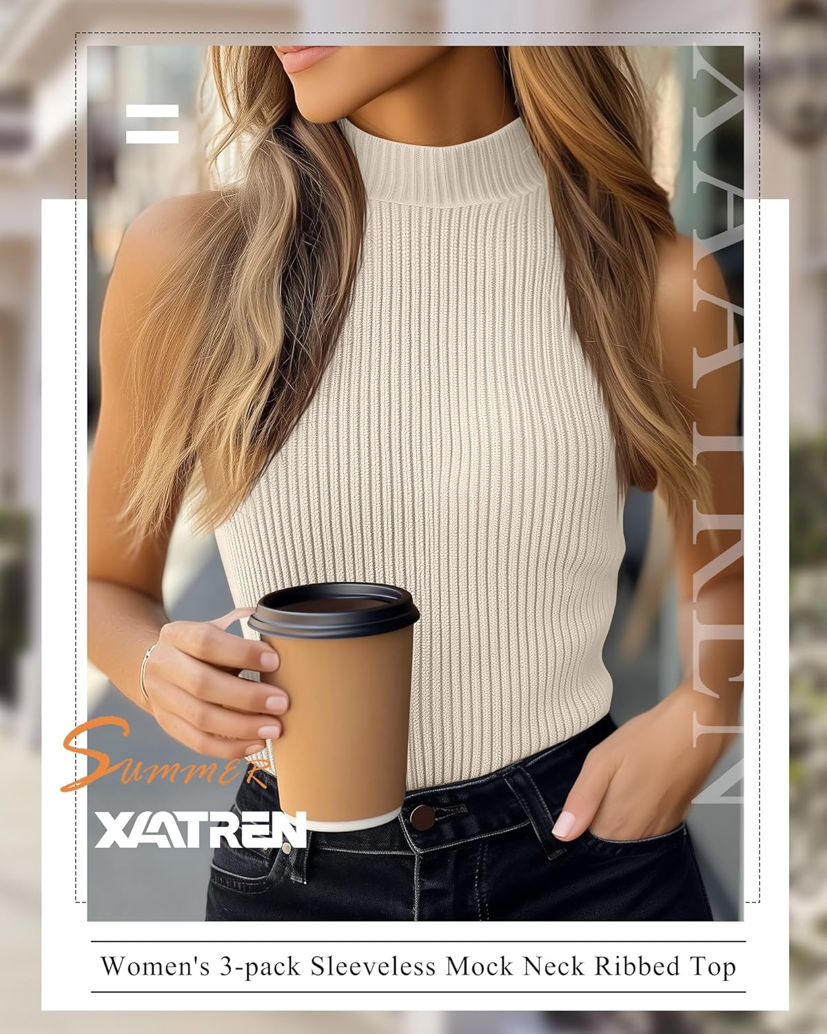 3 Pack Women's Sleeveless Mock Turtlenecks Shirts, Ribbed Stretch Slim Fitted Tank Top Basic Lightweight Bustier Tee - Image 3