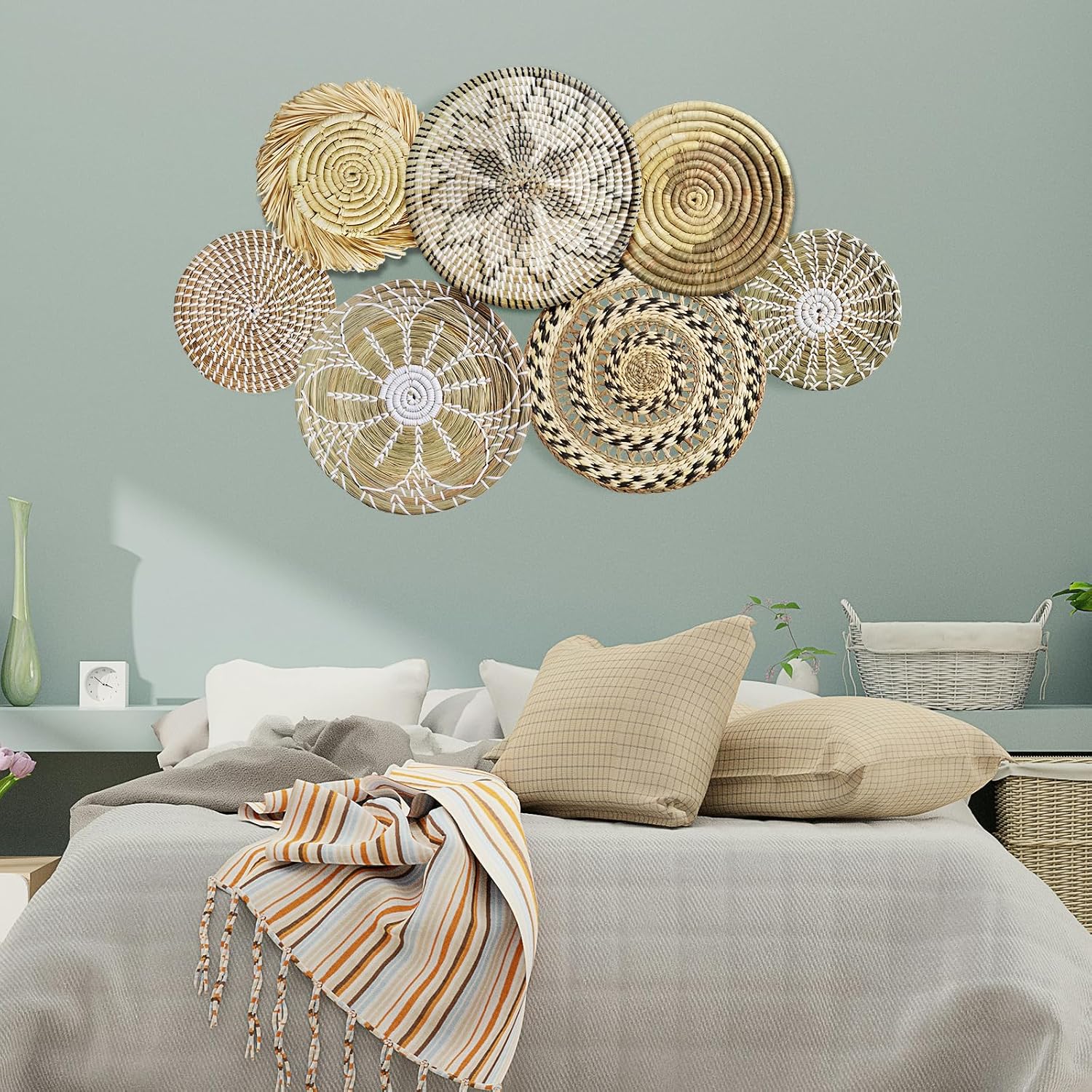 MEAKIOEI Boho Wall Basket Decor Set of 7,Natural Large Woven Wall Art for Living Room and Bedroom