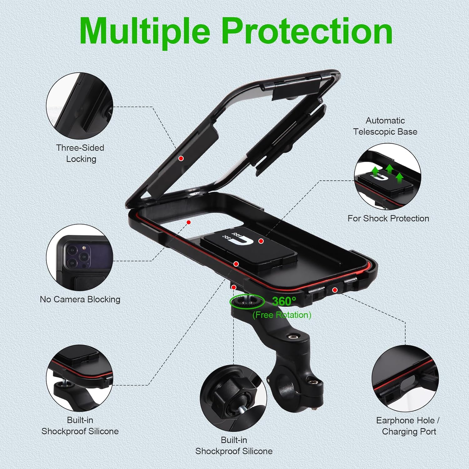 Motorcycle Phone Mount Holder, 150mph Wind Anti-Shake Bike Handlebar Cell Phone Clamp 6.3inch Most Phones Friendly, Compatible with iPhone 16