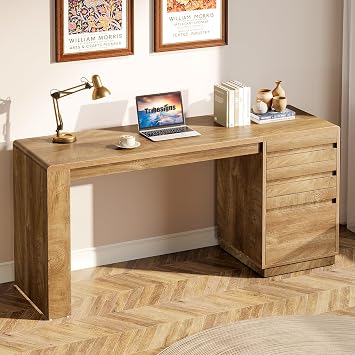 Tribesigns 55-Inch Computer Desk with 3 Drawers, Farmhouse Home Office Desk with Adjustable File Cabinet, Study Table Office Workstation, Walnut Brown