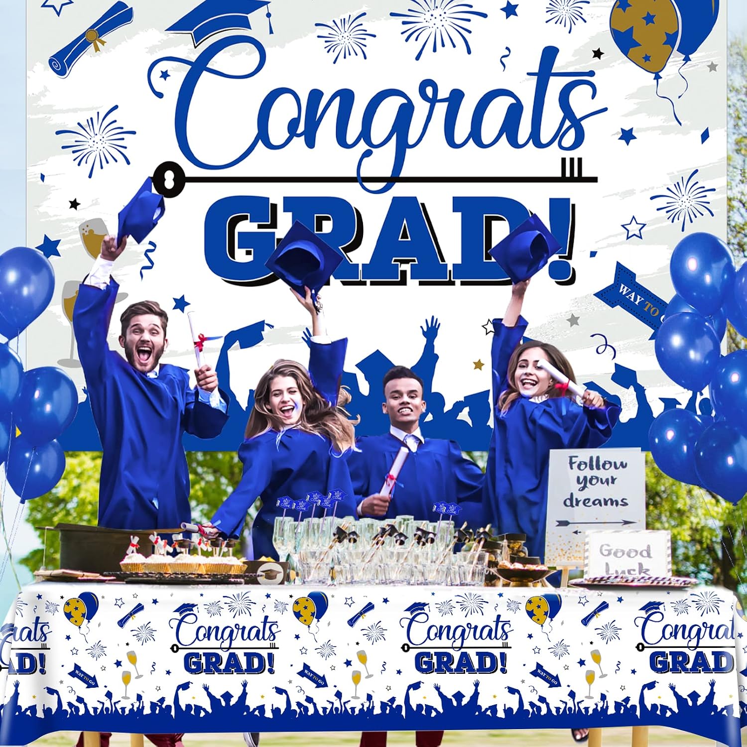 DUAIAI Graduation Tablecloths, 3 Pack Large Size Plastic 54"x108" Congrats Grad Graduation Party Tablecover Decorations for Class of 2023- Blue