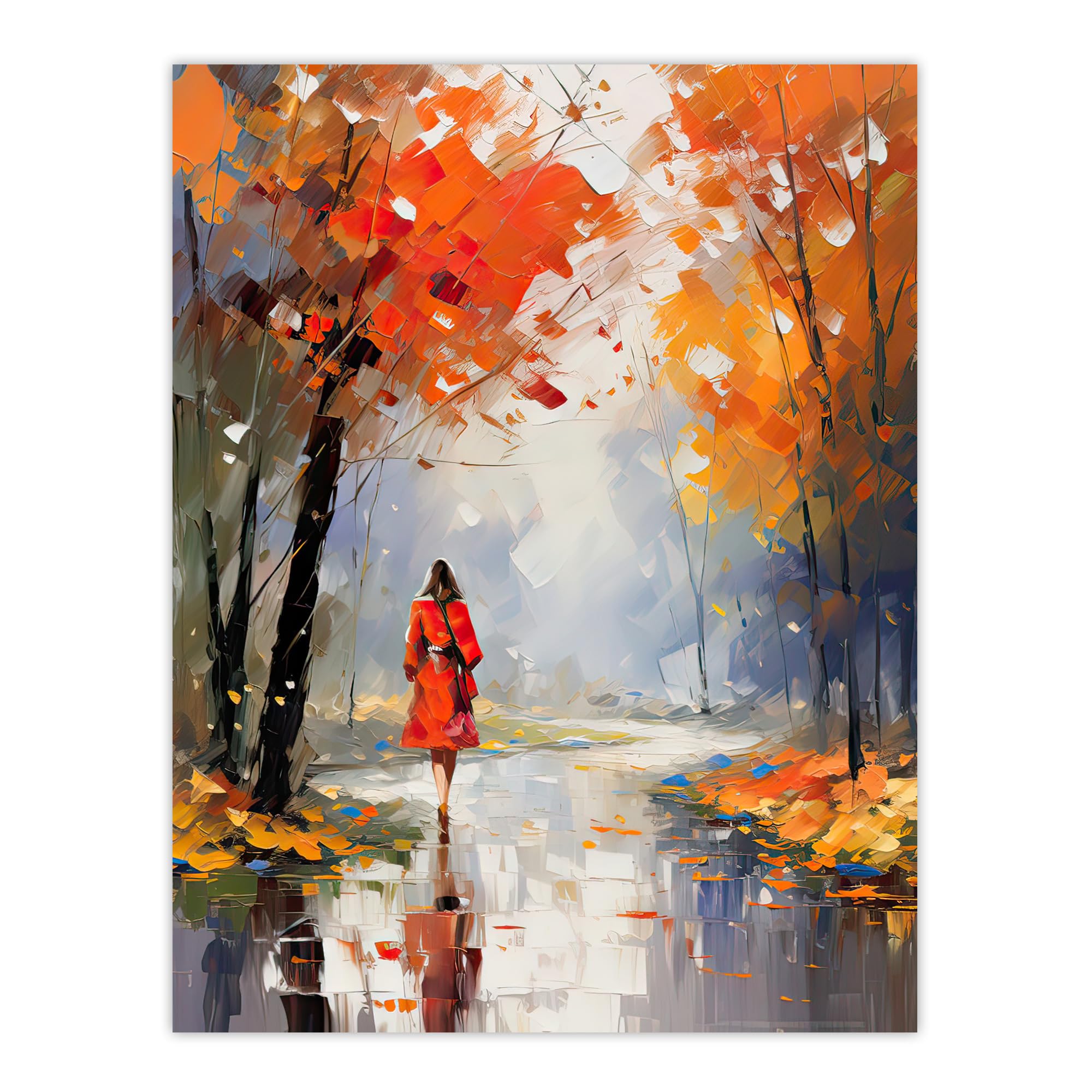 Artery8 Autumn Walk Oil Painting Palette Knife Orange Red Blue Woman Walking Through Park Extra Large XL Wall Art Poster Print