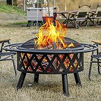 EcoNook 36 Inch Wood Burning Fire Pit with Spark Screen & Fire Poker - Cross Weave Design for Patio Yard Bonfires