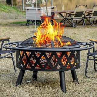EcoNook 36 Inch Wood Burning Fire Pit with Spark Screen & Fire Poker - Cross Weave Design for Patio Yard Bonfires