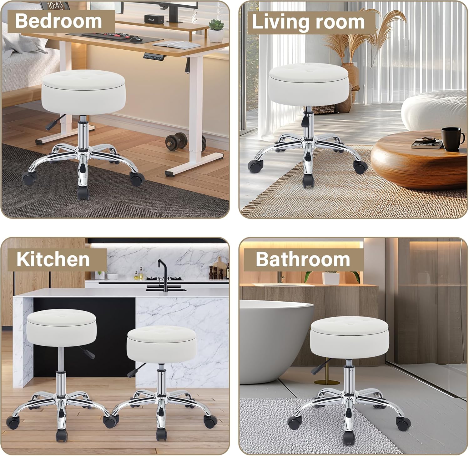 Vanity Chair with Wheels Adjustable Vanity Stool with Storage Swivel Vanity Stool for Vanity Rolling Makeup Chair White - Image 4