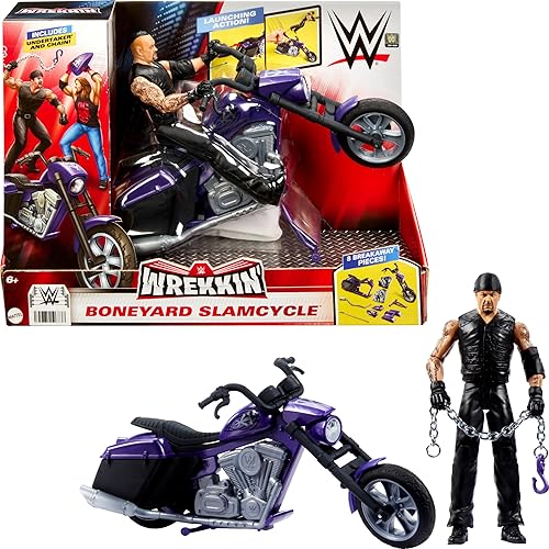 Mattel WWE Wrekkin' - Figura de acción y vehículo de juguete, Undertaker con motocicleta Slamcycle con acción de amarre y piezas rompibles